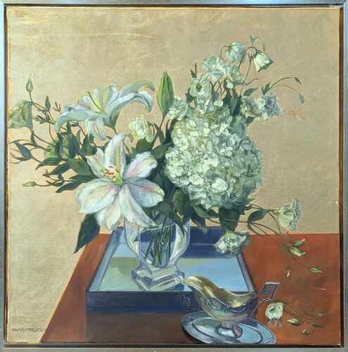 "Golden Wedding" Contemporary Gold Leaf Naturalistic Floral Still Life Painting van Nancy Paris Pruden, Schilderij te koop op Singulart