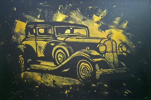 Time in Motion – Golden Abstract Vintage Car di Ma$k V., Pittura in vendita su Singulart