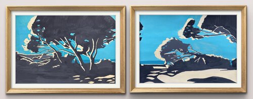 Dyptique terrasse  - Version bleu turquoise - 2X 42 x 29,7 par Jerome WALLUT, Peinture en vente sur Singulart