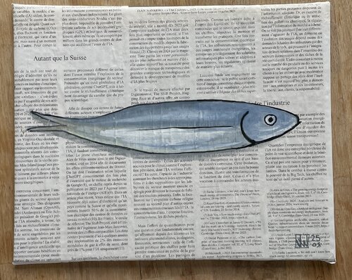 Sardine seule (sur papier journal et carton) par Jerome WALLUT, Peinture en vente sur Singulart