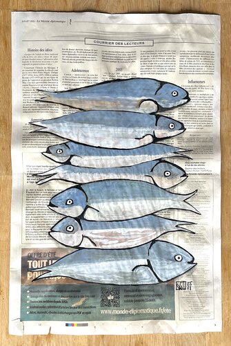 7 Sardines avec les lecteurs (sur papier journal ) par Jerome WALLUT, Peinture en vente sur Singulart
