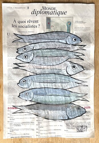7 Sardines rêvent avec les socialistes (sur papier journal ) von Jerome WALLUT, Malerei kaufen auf Singulart