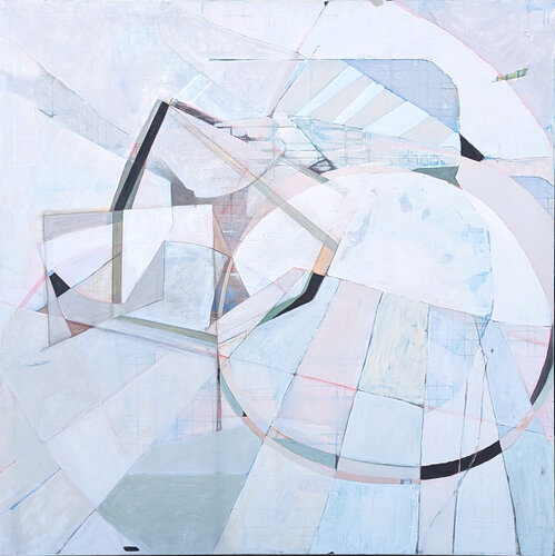“G’s Paper City” Contemporary Pastel Peach and Blue Toned Abstract Painting van Kristen Anton, Schilderij te koop op Singulart