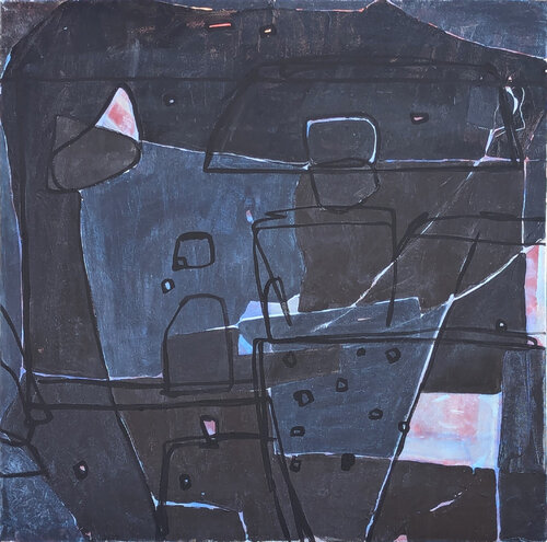 “Edison” Contemporary Dark Blue, Pink, & Black Toned Geometric Abstract Painting van Kristen Anton, Schilderij te koop op Singulart