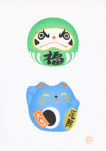Kokeshi Daruma to Maneki Neko van Marie Casaÿs, Werk op papier te koop op Singulart