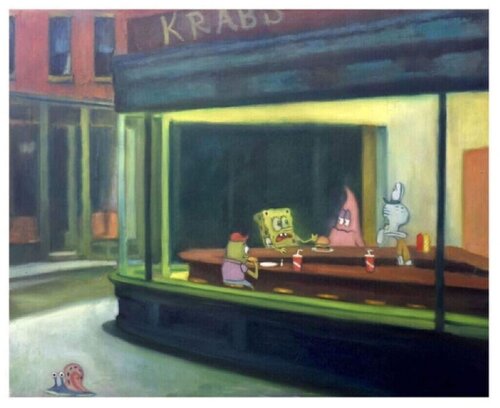 Nighthawk's in Bikini Bottom (after hopper, 1942) by Timothy Gatenby, 油畫 for Sale on Singulart
