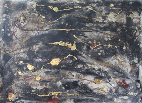 CHROMESIGN07- Abstract Gold on Black van Andrea Sasso, Schilderij te koop op Singulart