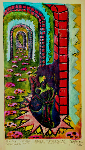 I portali interni - Arcano X  xilografia P-A 3-3  acquarellata 2026 di Gladys Sica, Opera su carta in vendita su Singulart