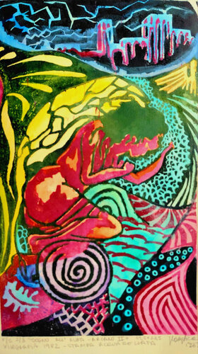 "Sogni all'alba - Arcano II" F-S 2-3 xilografia su legno acquarellata 2026 van Gladys Sica, Werk op papier te koop op Singulart