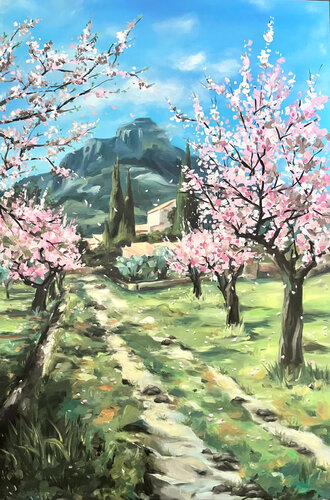 Beneath the Blossoms, Upon the Peak of Peace van Francisco De Asis Santacreu, Schilderij te koop op Singulart