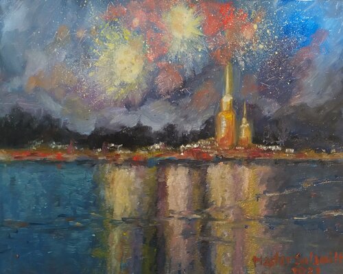 Fireworks on the Neva embankment. Saint-Petersburg. Russia. par Svetlana Ivanova, Dessin en vente sur Singulart