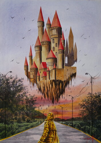 Fantasy castle in the air di Eugene Gorbachenko, Pittura in vendita su Singulart