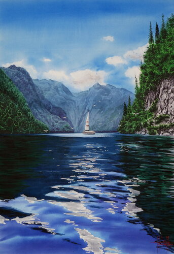 Sailboat in the bay di Eugene Gorbachenko, Pittura in vendita su Singulart