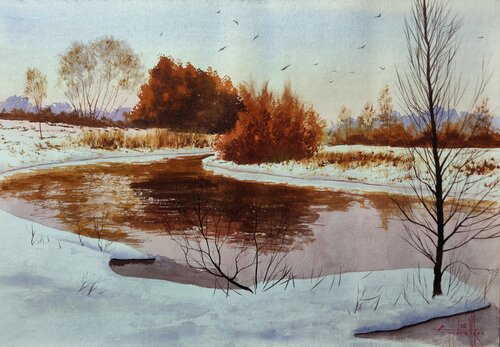 Snow-covered river van Eugene Gorbachenko, Schilderij te koop op Singulart