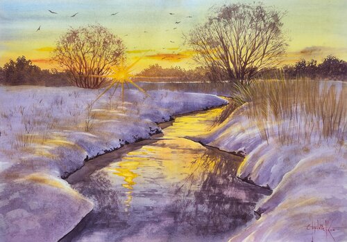 Winter sunset di Eugene Gorbachenko, Pittura in vendita su Singulart