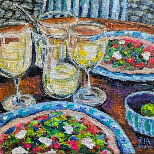 White Wine and Pizza for Two van Pia Grambart, Schilderij te koop op Singulart