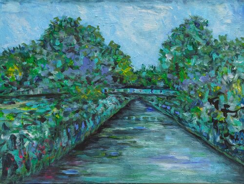 A blue bridge in the outskirts of Frankfurt von Pia Grambart, Malerei kaufen auf Singulart