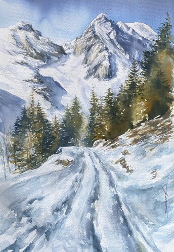 Camino invernal a las montañas van Yaroslav Belonogov, Werk op papier te koop op Singulart