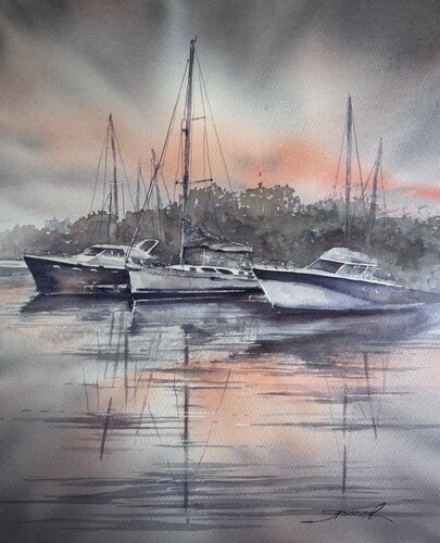 Акварель «Спящие лодки» di Yaroslav Belonogov, Opera su carta in vendita su Singulart