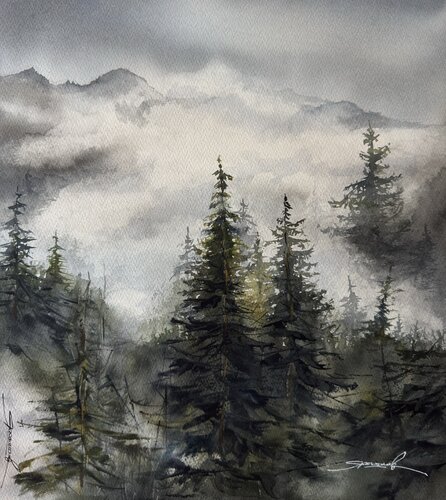 Акварель « Горы в облаках» von Yaroslav Belonogov, Werk auf Papier kaufen auf Singulart