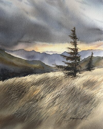 Acuarela sobra papel “Paisaje de montañas “ de Yaroslav Belonogov, Obra en papel a la venta en Singulart