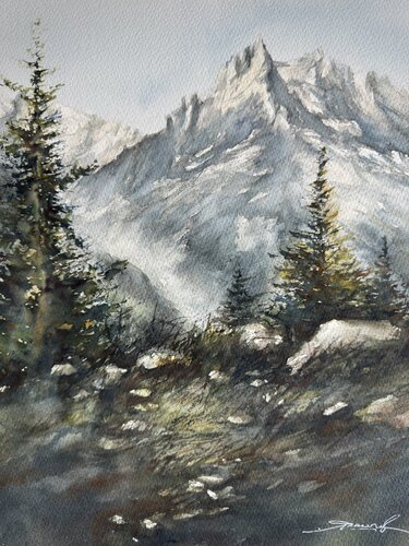 Acuarela sobre papel “ Picos de montañas “ di Yaroslav Belonogov, Opera su carta in vendita su Singulart