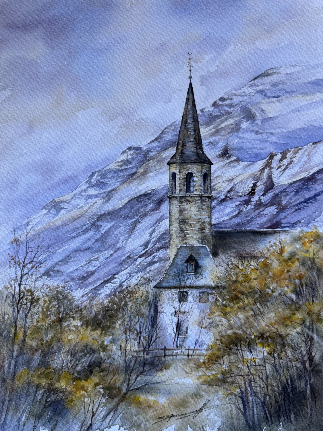 Acuarela”Invierno en Vall De Aran” Yaroslav Belonogov Werk auf Papier zu verkaufen