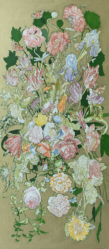 still live with tulips, poppy's , iris and rose on gold van Daan van Doorn, Schilderij te koop op Singulart