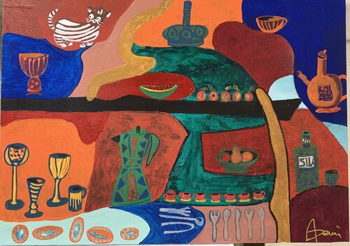 Natura viva con gatto a strisce de Daniela Antonello Antonello, Pintura a la venta en Singulart