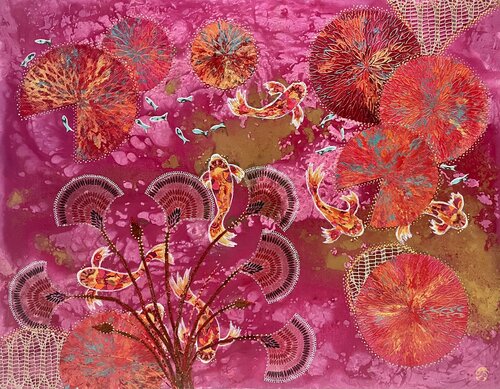 Carpes en rose lotus en rêve de Stéphanie Gendron, Pintura a la venta en Singulart