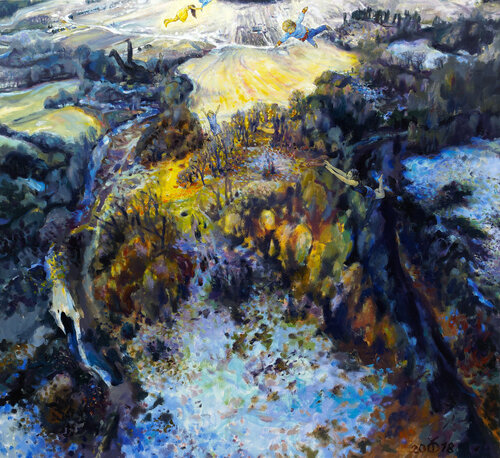 Flying Over Eden. Gondinga Mound von Dalia Čistovaitė, Malerei kaufen auf Singulart