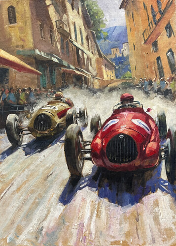 Racing Through the Sunlit Streets by Mikhail Mishinskii, Painting for Sale on Singulart
