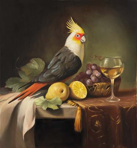 The Parrot and the Golden Stillness by Mikhail Mishinskii, Painting for Sale on Singulart