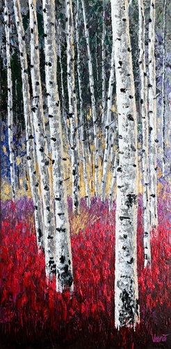 Whispering aspens and the Crimson Flames by vidyut Singhal, Painting for Sale on Singulart