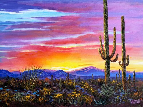 Dawn in Saguaro Land by vidyut Singhal, Painting for Sale on Singulart