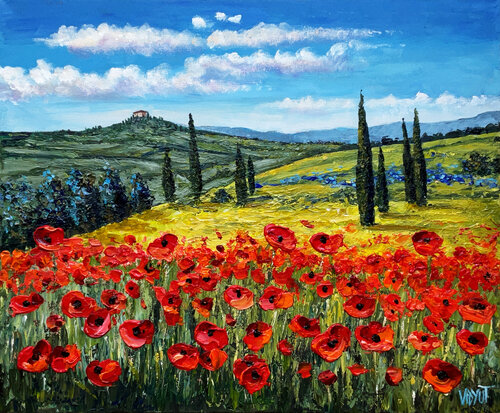Red Petals, Rolling Hills by vidyut Singhal, Painting for Sale on Singulart