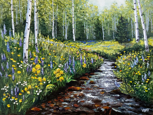 Summer Meadows and the Dancing Creek van vidyut Singhal, Schilderij te koop op Singulart