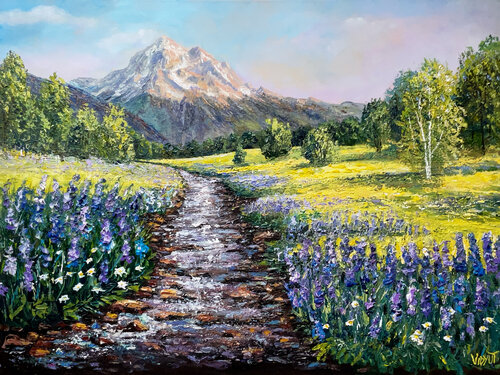 Gilded Peak and Lupine Valley by vidyut Singhal, Painting for Sale on Singulart