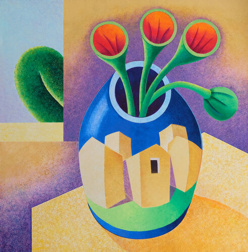 vaso di fiori con paesaggio van Giancarlo Colombo, Schilderij te koop op Singulart