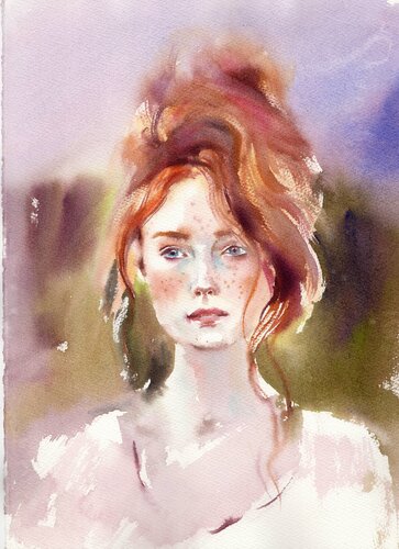 Portrait of a girl. Light breeze. Watercolor portrait. by Alla Prisacar, 油畫 for Sale on Singulart