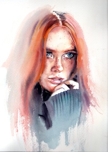 Portrait  of ginger girl . Watercolor painting. by Alla Prisacar, 油畫 for Sale on Singulart