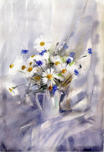 Cornflowers and daisies di Alla Prisacar, Pittura in vendita su Singulart