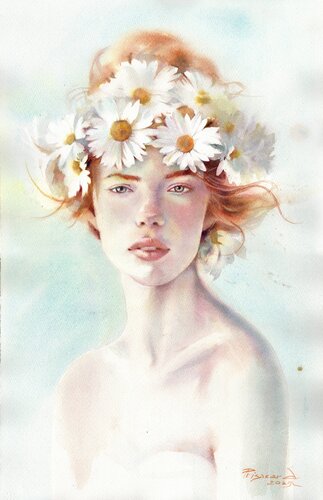 The Tenderness and daisies. di Alla Prisacar, Pittura in vendita su Singulart