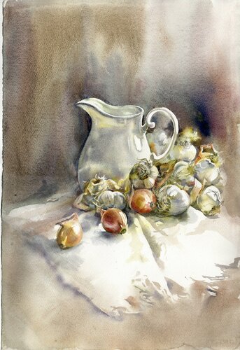 Still life with onions and garlic. by Alla Prisacar, Painting for Sale on Singulart