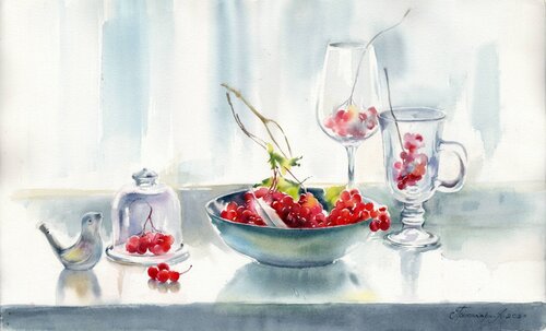 Still life with red berries. de Alla Prisacar, Pintura a la venta en Singulart