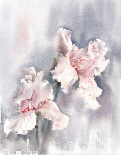 Delicate pink irises on silver background. van Alla Prisacar, Schilderij te koop op Singulart