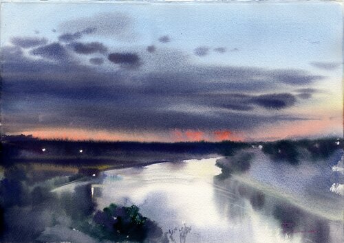 The sunrise on the river. de Alla Prisacar, Obra en papel a la venta en Singulart