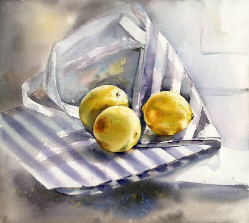 Still life with three lemons. di Alla Prisacar, Pittura in vendita su Singulart