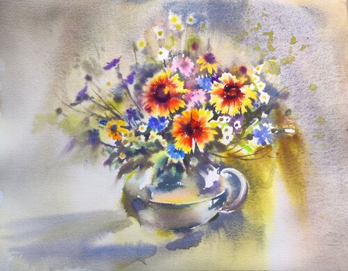 The wild watercolor flowers. van Alla Prisacar, Schilderij te koop op Singulart