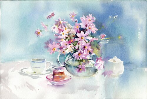 Pink flowers, coffee, and carrot cake. von Alla Prisacar, Malerei kaufen auf Singulart